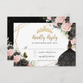 Zwart Roze Bloemen Prinses Jurk Quinceañera Antwoo RSVP Kaartje (Voorkant / Achterkant)