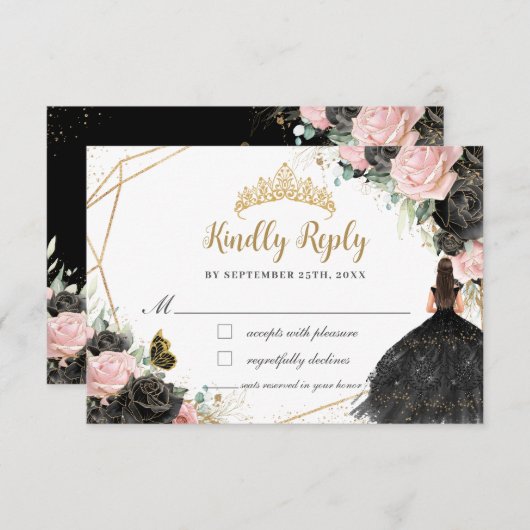 Zwart Roze Bloemen Prinses Jurk Quinceañera Antwoo RSVP Kaartje (Voorkant / Achterkant)