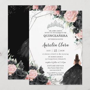 Zwart Roze Bloemen Prinses Zilver Quinceañera Kaart