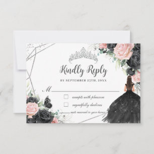 Zwart Roze Bloemen Prinses Zilver Quinceañera RSVP Kaartje