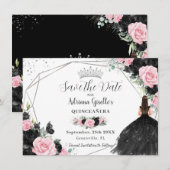 Zwart Roze Bloemen Prinses Zilver Quinceañera Save The Date (Voorkant / Achterkant)