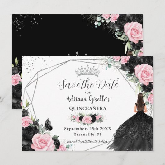 Zwart Roze Bloemen Prinses Zilver Quinceañera Save The Date (Voorkant / Achterkant)