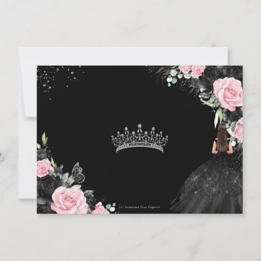 Zwart Roze Bloemen Prinses Zilver Quinceañera Save The Date (Achterkant)