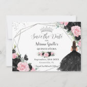 Zwart Roze Bloemen Prinses Zilver Quinceañera Save The Date (Voorkant)
