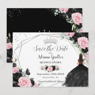 Zwart Roze Bloemen Prinses Zilver Quinceañera Save The Date