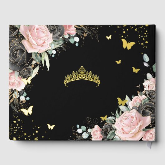 Zwart Roze Bloemen Quinceañera Quince 15 XV Goud Gastenboek (Achterkant)