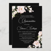 Zwart Roze Bloemen Quinceanera uitnodiging (Voorkant / Achterkant)