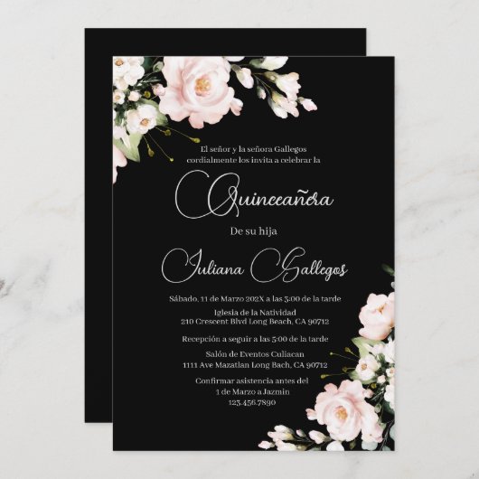 Zwart Roze Bloemen Quinceanera uitnodiging (Voorkant / Achterkant)