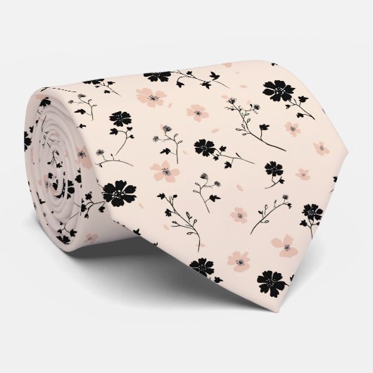 Zwart Roze Bloemen Stropdas (Opgerold)