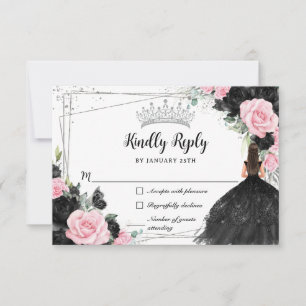 Zwart Roze Bloemen Zilver Prinses Jurk Quinceañera RSVP Kaartje