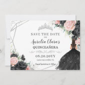 Zwart Roze Bloemen Zilver Quinceanera XV Sweet 16 Save The Date (Voorkant)