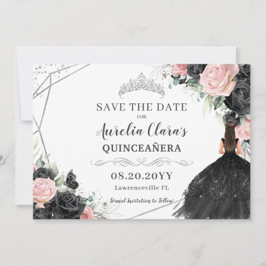 Zwart Roze Bloemen Zilver Quinceanera XV Sweet 16 Save The Date (Voorkant)