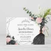 Zwart Roze Bloemen Zilver Quinceanera XV Sweet 16 Save The Date (Staand voorkant)