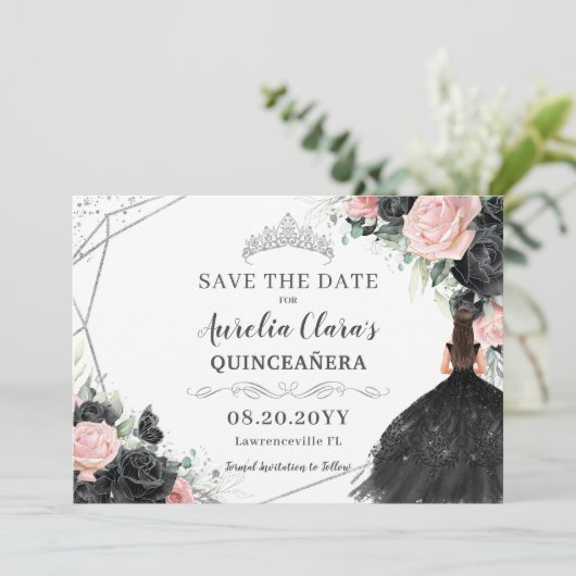 Zwart Roze Bloemen Zilver Quinceanera XV Sweet 16 Save The Date (Staand voorkant)