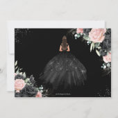 Zwart Roze Bloemen Zilver Quinceanera XV Sweet 16 Save The Date (Achterkant)