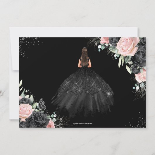 Zwart Roze Bloemen Zilver Quinceanera XV Sweet 16 Save The Date (Achterkant)