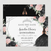Zwart Roze Bloemen Zilver Quinceanera XV Sweet 16 Save The Date (Voorkant / Achterkant)