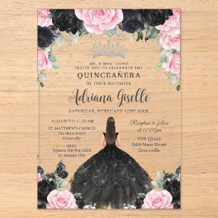 Zwart Roze Bloemige Bloemen Jurk Zilver Quinceaner Acryl Uitnodigingen