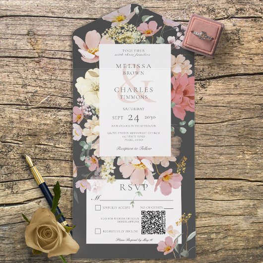Zwart & Roze Blush Boho Bloemen QR Code All In One Uitnodiging