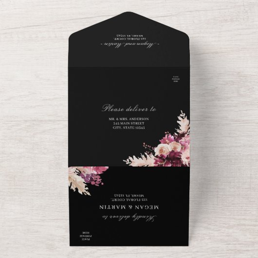 Zwart, Roze Boho Trouw Alles in Eén Uitnodiging (Buitenkant)