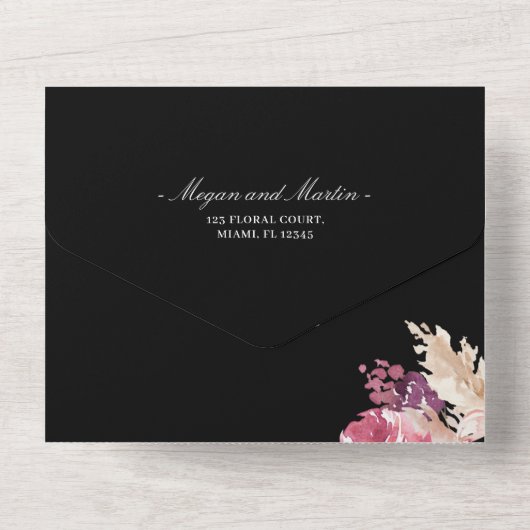 Zwart, Roze Boho Trouw Alles in Eén Uitnodiging (Achterkant)