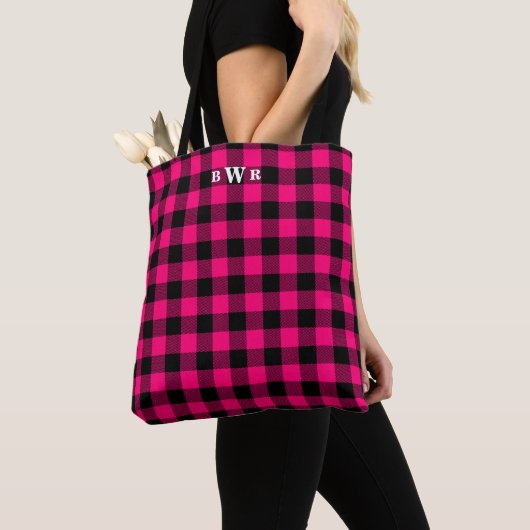 Zwart Roze Buffalo Plaid Monogram Tote Bag (Dichtbij)