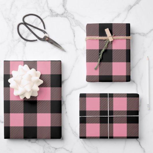 Zwart Roze Buffel Plaid Patroon Inpakpapier Vel (Voorkant)