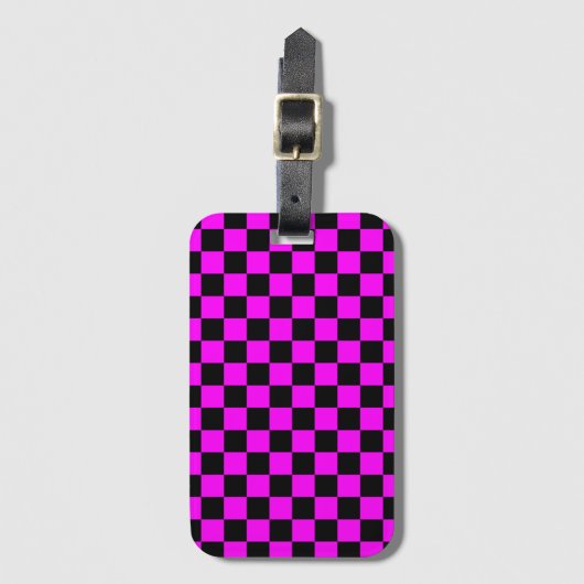 Zwart + Roze Check Checkerboard Patroon Bagagelabel (Voorkant (verticaal))