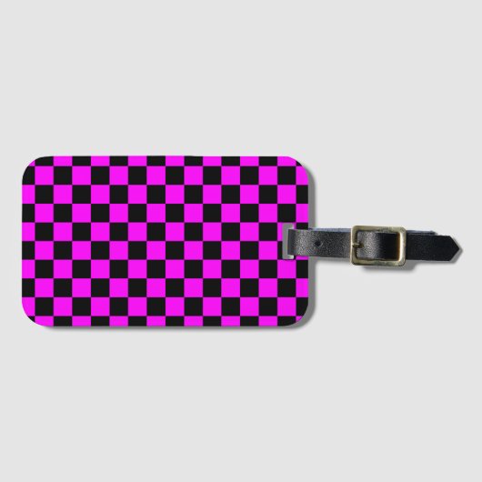 Zwart + Roze Check Checkerboard Patroon Bagagelabel (Voorkant (horizontaal))