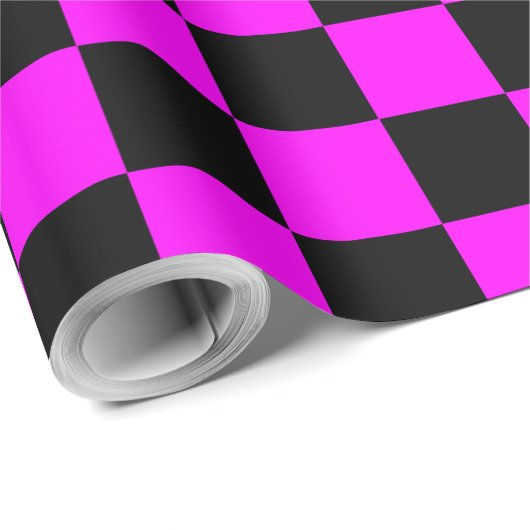 Zwart + Roze Check Checkerboard Patroon Cadeaupapier (Rol Hoek)