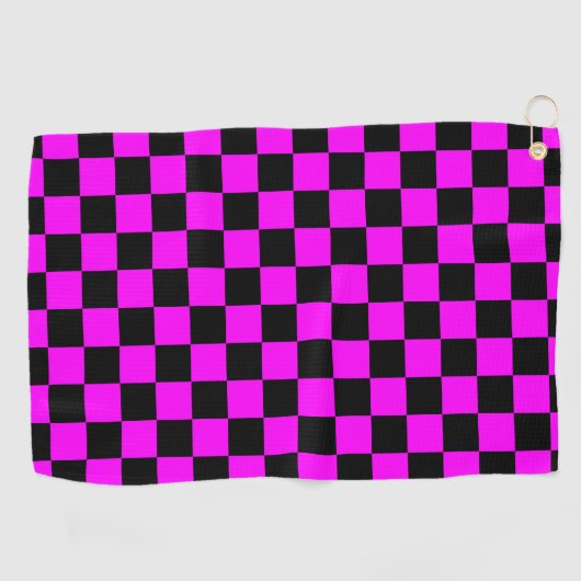 Zwart + Roze Check Checkerboard Patroon Golfhanddoek (Horizontaal)