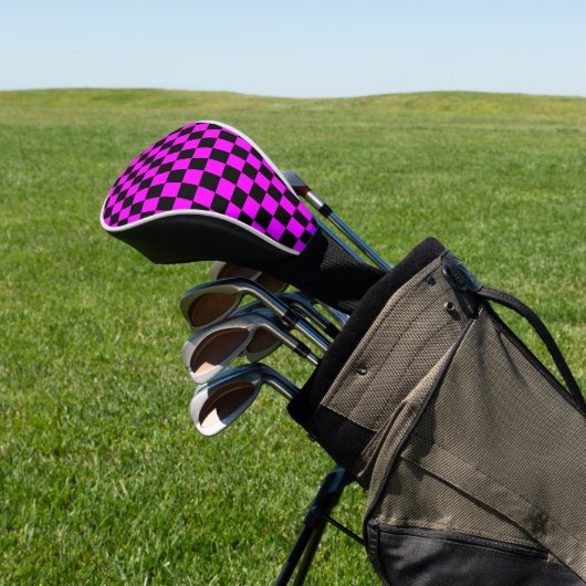 Zwart + Roze Check Checkerboard Patroon Golfheadcover (Insitu)