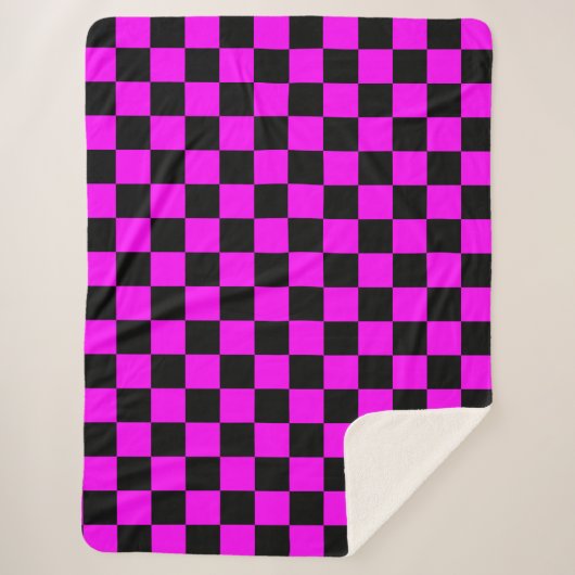 Zwart + Roze Check Checkerboard Patroon Sherpa Deken (Voorkant)