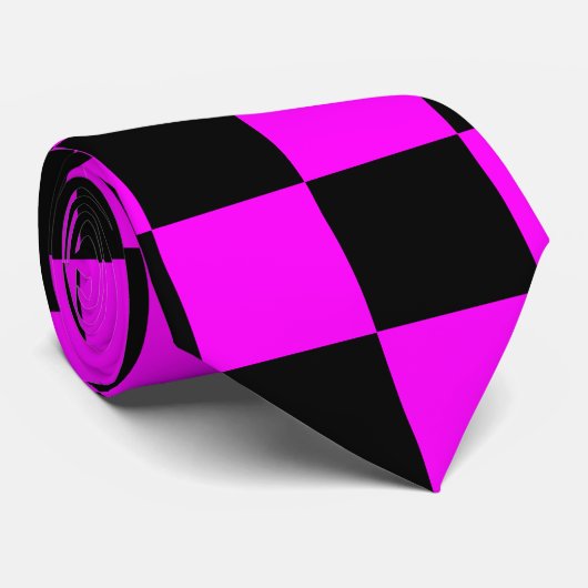 Zwart + Roze Check Checkerboard Patroon Stropdas (Opgerold)