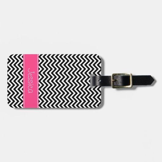 Zwart-roze Chevron Pattern, gepersonaliseerd Bagagelabel