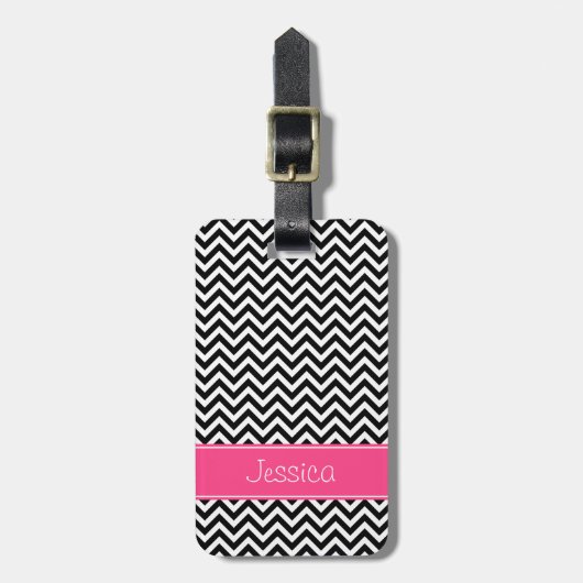 Zwart-roze Chevron Pattern, gepersonaliseerd Bagagelabel (Voorkant verticaal)