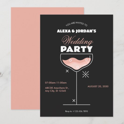 Zwart roze cocktail glas bruiloft feest uitnodigin kaart (Voorkant / Achterkant)