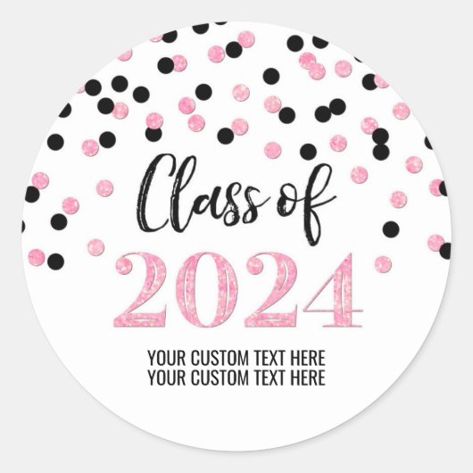 Zwart Roze Confetti Afstuderen 2024 Ronde Sticker (Voorkant)