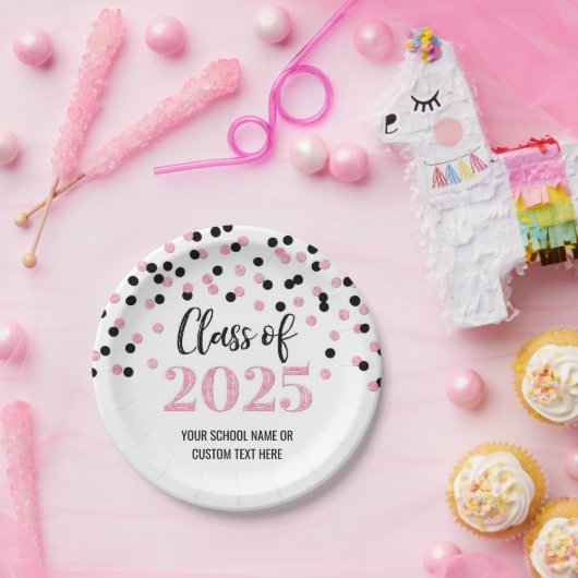 Zwart Roze Confetti Afstuderen 2025 Papieren Bordje (Feest)