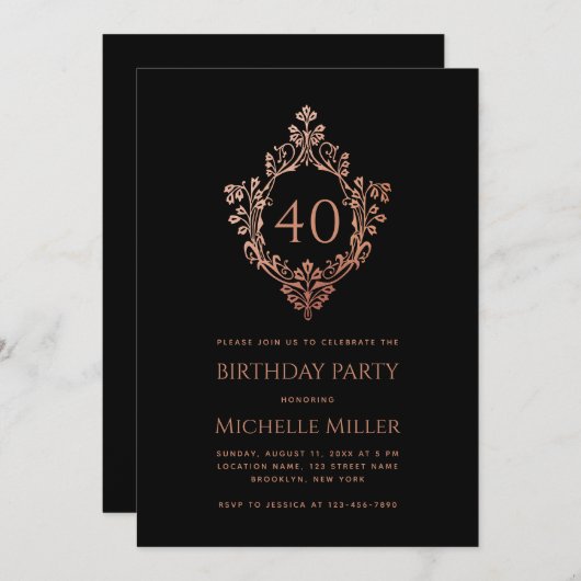 Zwart Roze Crest Elegant  40e Verjaardag Kaart (Voorkant / Achterkant)