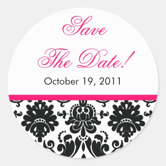 Zwart & Roze Damask Bewaar de datum Bruiloft Stick Ronde Sticker (Voorkant)