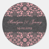 Zwart-roze  Damask-weddenschap Favor Ronde Sticker (Voorkant)