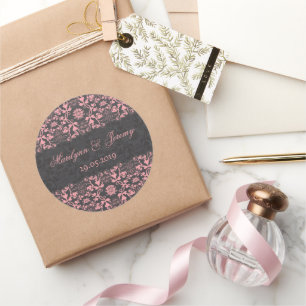 Zwart-roze  Damask-weddenschap Favor Ronde Sticker