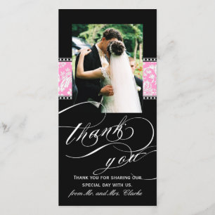 Zwart Roze Damask Wedding Dank u fotokaart Bedankkaart