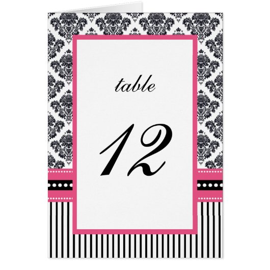 Zwart & Roze Damast Strepen Bruiloft Tafel Nummer (Voorkant)