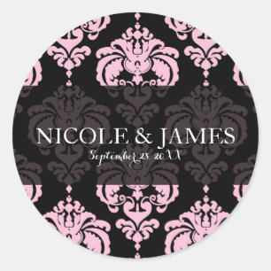 Zwart & Roze Damast Vintage Trouwfeest Bruiloft Fa Ronde Sticker