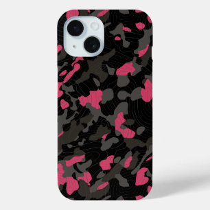Zwart Roze Diagonaal Camo met Contourlijnen iPhone 15 Case