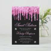 Zwart-roze druppelaar Glitter Sweet Sixteen Kaart (Staand voorkant)