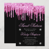 Zwart-roze druppelaar Glitter Sweet Sixteen Kaart (Voorkant / Achterkant)