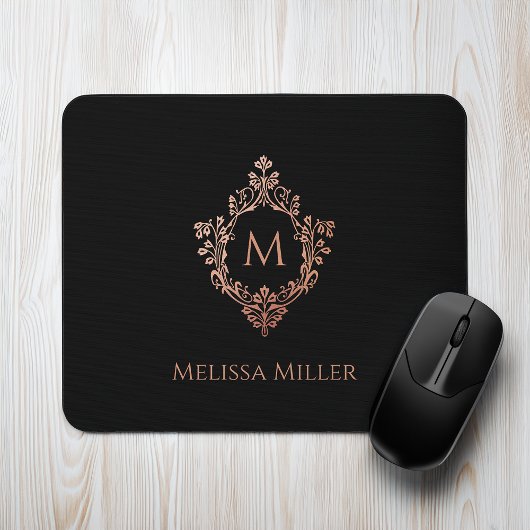 Zwart Roze Elegant  Crest Monogram Naam Muismat